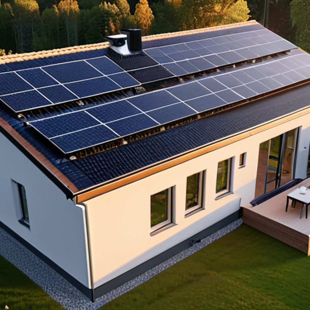 A modern Swedish home with solar panels on the roof, connected to a smart grid. Visualization of energy flow using sensors, communication technology and automation. Evening light.