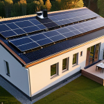 A modern Swedish home with solar panels on the roof, connected to a smart grid. Visualization of energy flow using sensors, communication technology and automation. Evening light.
