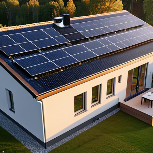 A modern Swedish home with solar panels on the roof, connected to a smart grid. Visualization of energy flow using sensors, communication technology and automation. Evening light.