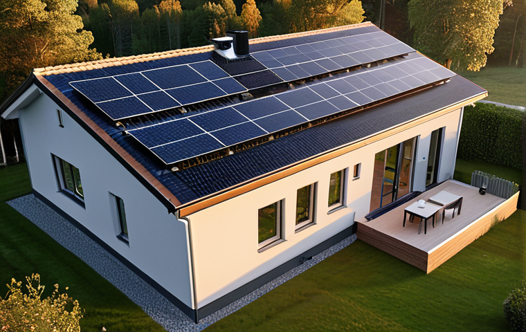 A modern Swedish home with solar panels on the roof, connected to a smart grid. Visualization of energy flow using sensors, communication technology and automation. Evening light.